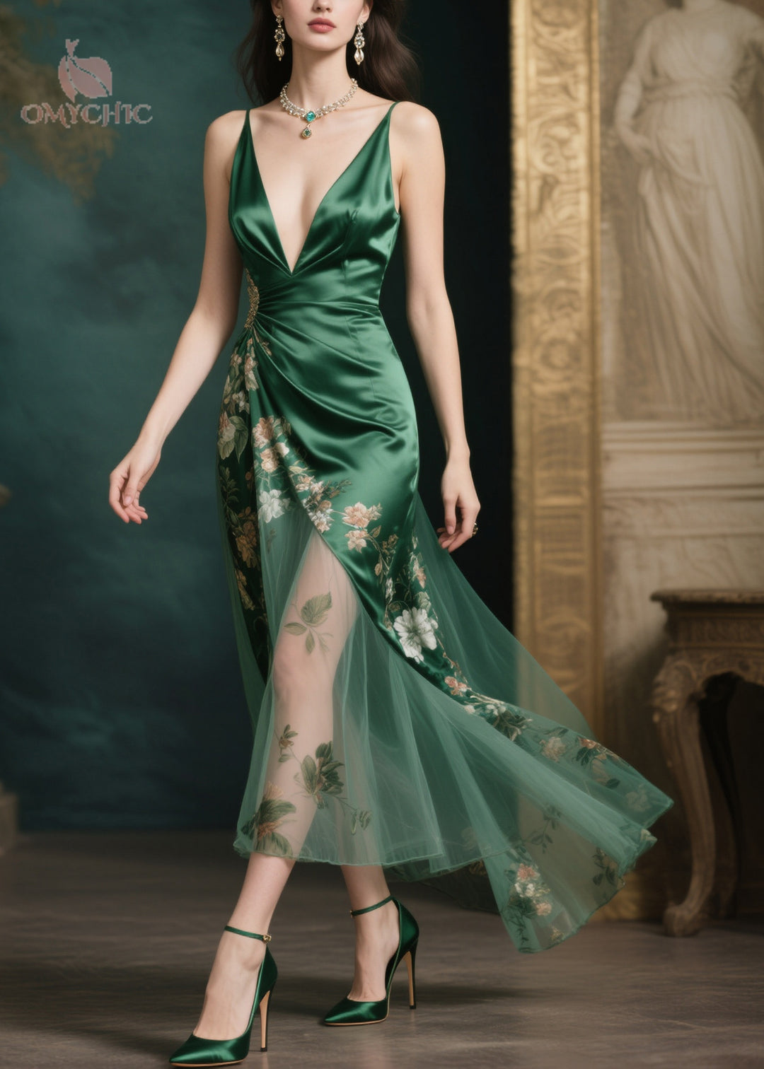 Silm Fit Tea Green Print Patchwork Tulle Party Dresses Summer - Omychic