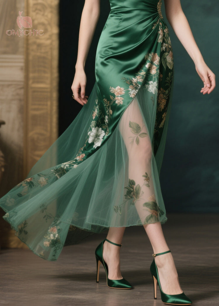 Silm Fit Tea Green Print Patchwork Tulle Party Dresses Summer - Omychic