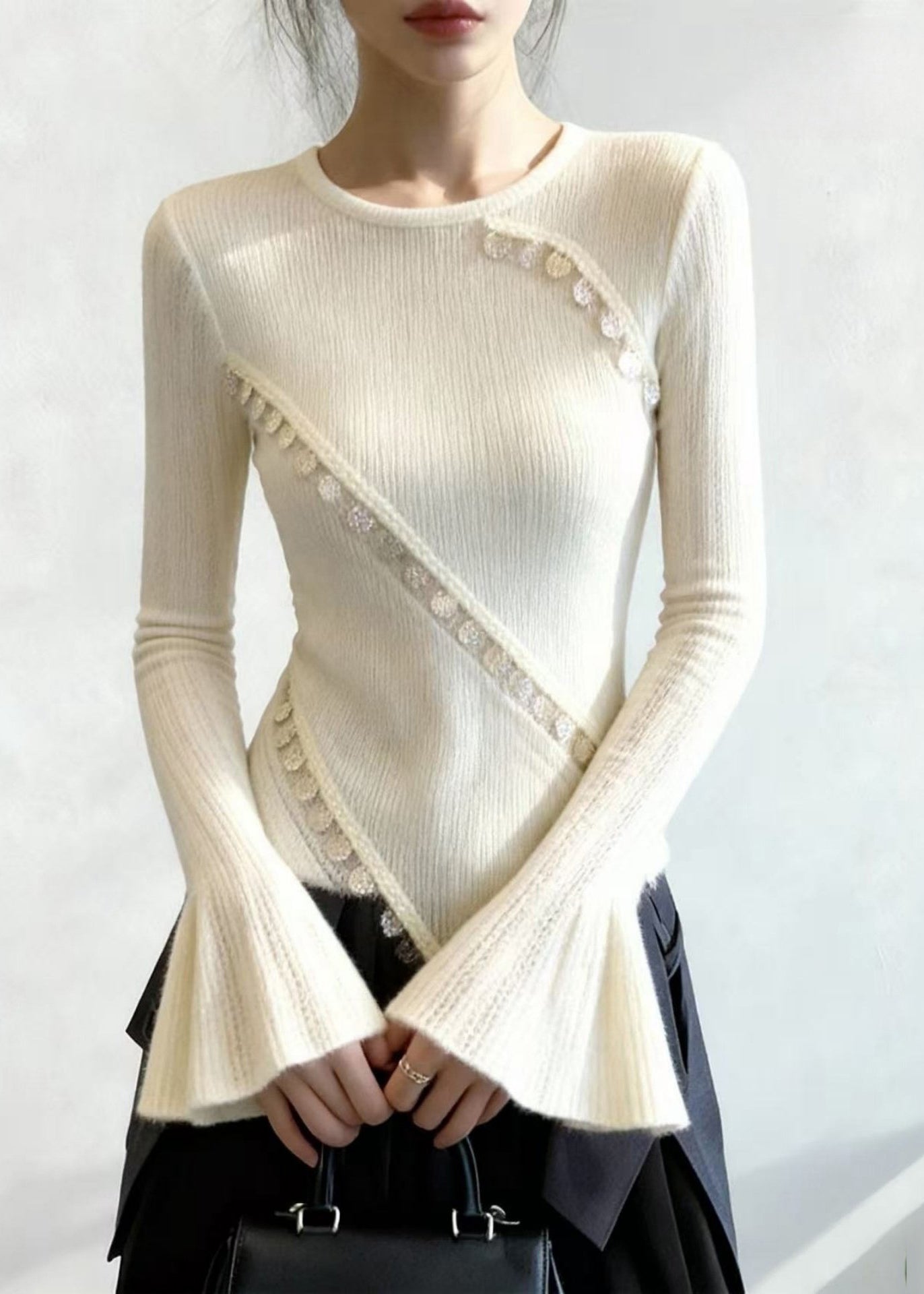 Silm Fit White Asymmetrical Patchwork Lace Knit Tops Flare Sleeve - Omychic