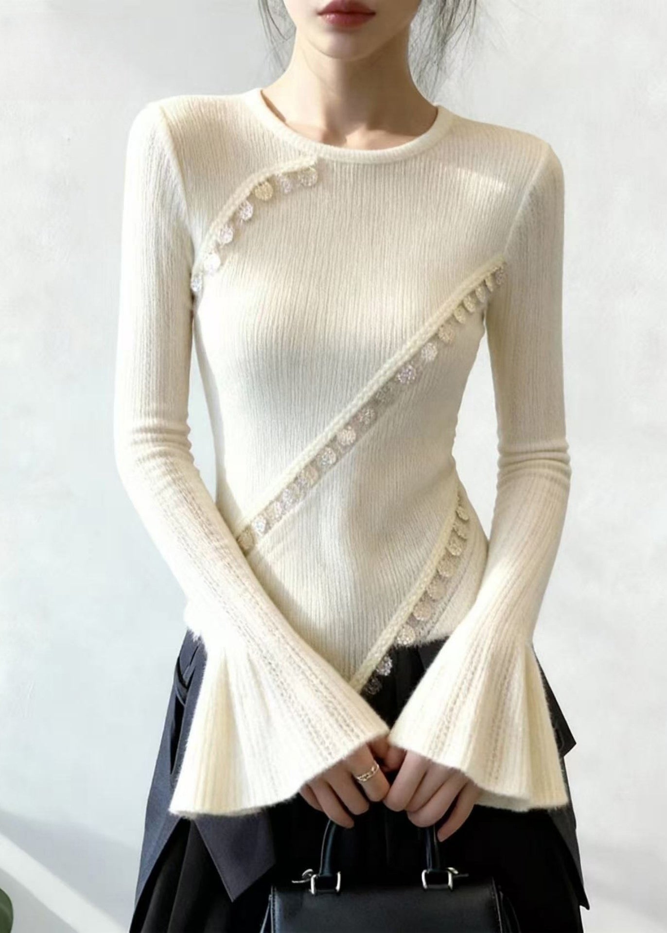 Silm Fit White Asymmetrical Patchwork Lace Knit Tops Flare Sleeve - Omychic