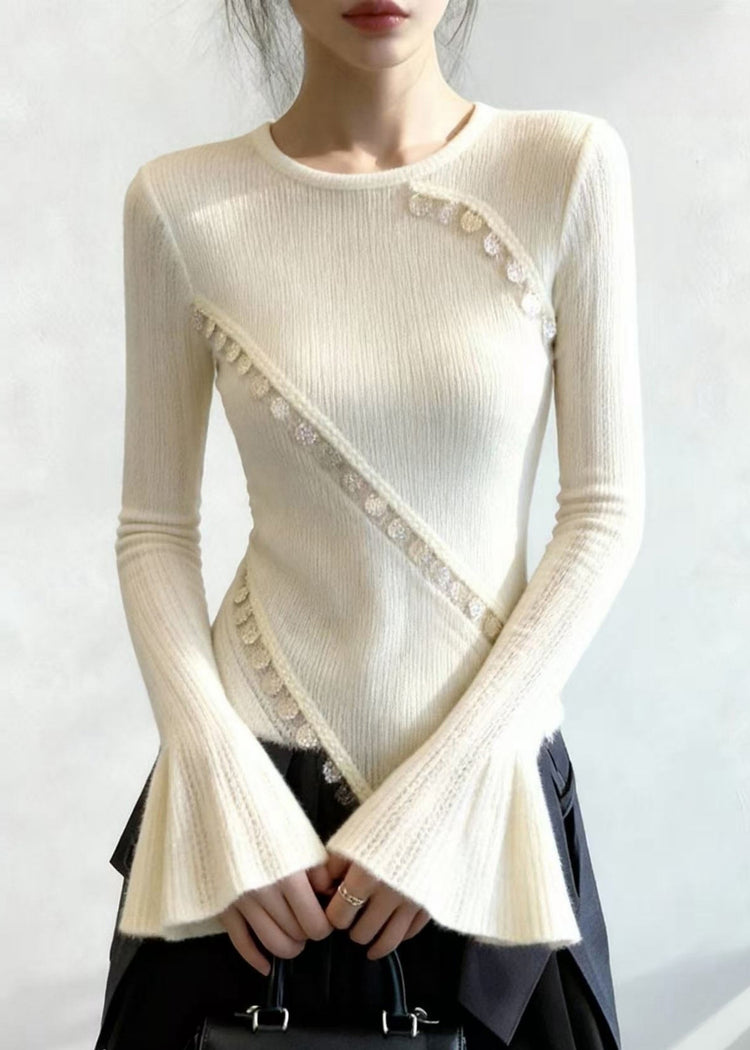Silm Fit White Asymmetrical Patchwork Lace Knit Tops Flare Sleeve - Omychic