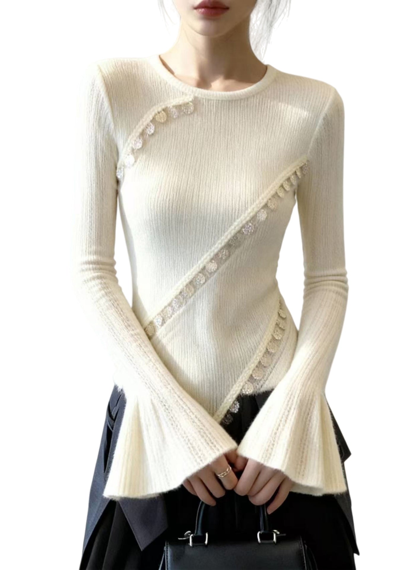 Silm Fit White Asymmetrical Patchwork Lace Knit Tops Flare Sleeve - Omychic