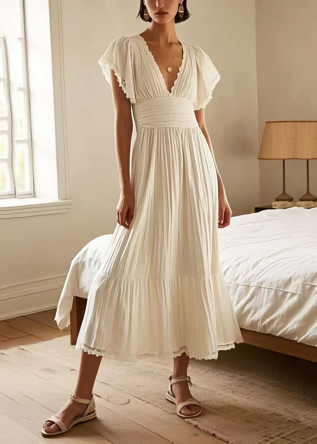 Silm Fit White Patchwork Lace Pleated Dress Summer