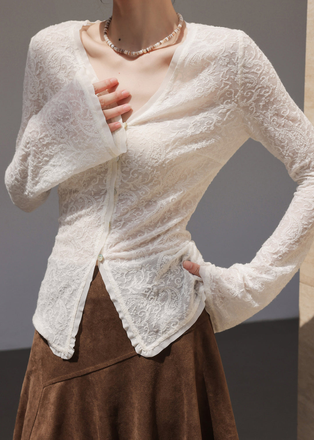 Silm Fit White V Neck Jacquard Lace Blouses Spring
