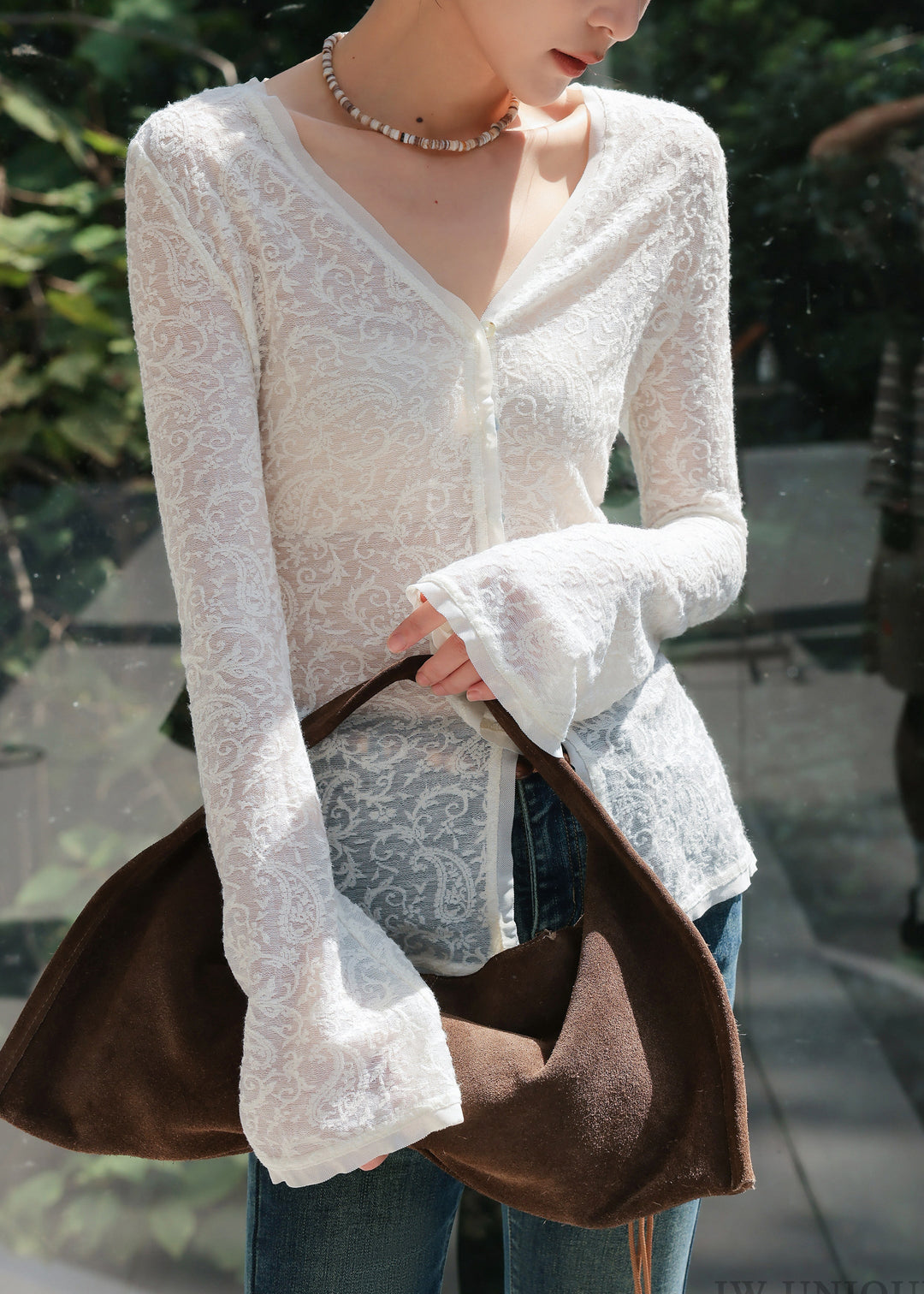Silm Fit White V Neck Jacquard Lace Blouses Spring