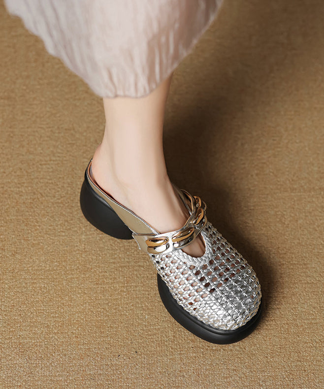 Silver Chunky Cowhide Leather Chic Slide Sandals Hollow Out