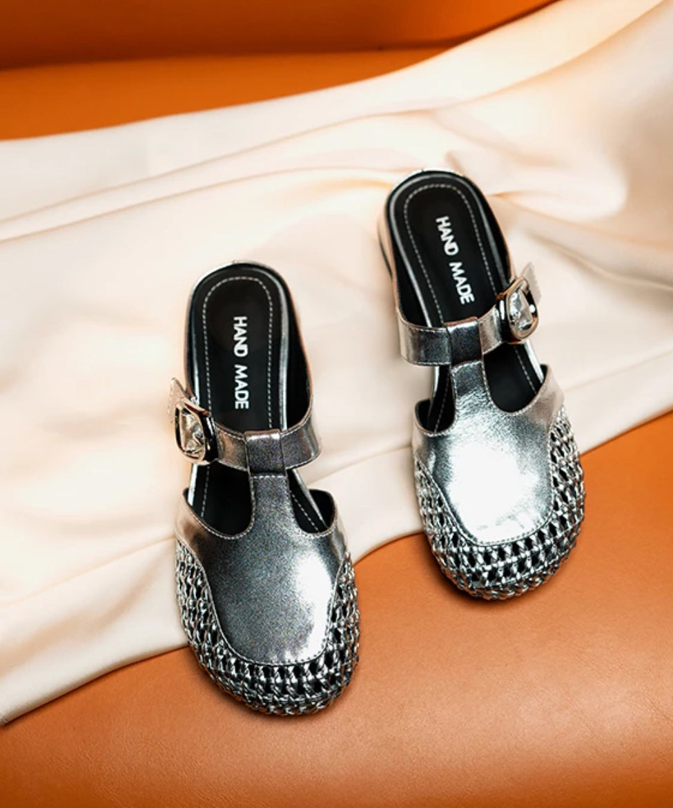 Silver Cowhide Leather Fashion Splicing Hollow Out Slide Sandals