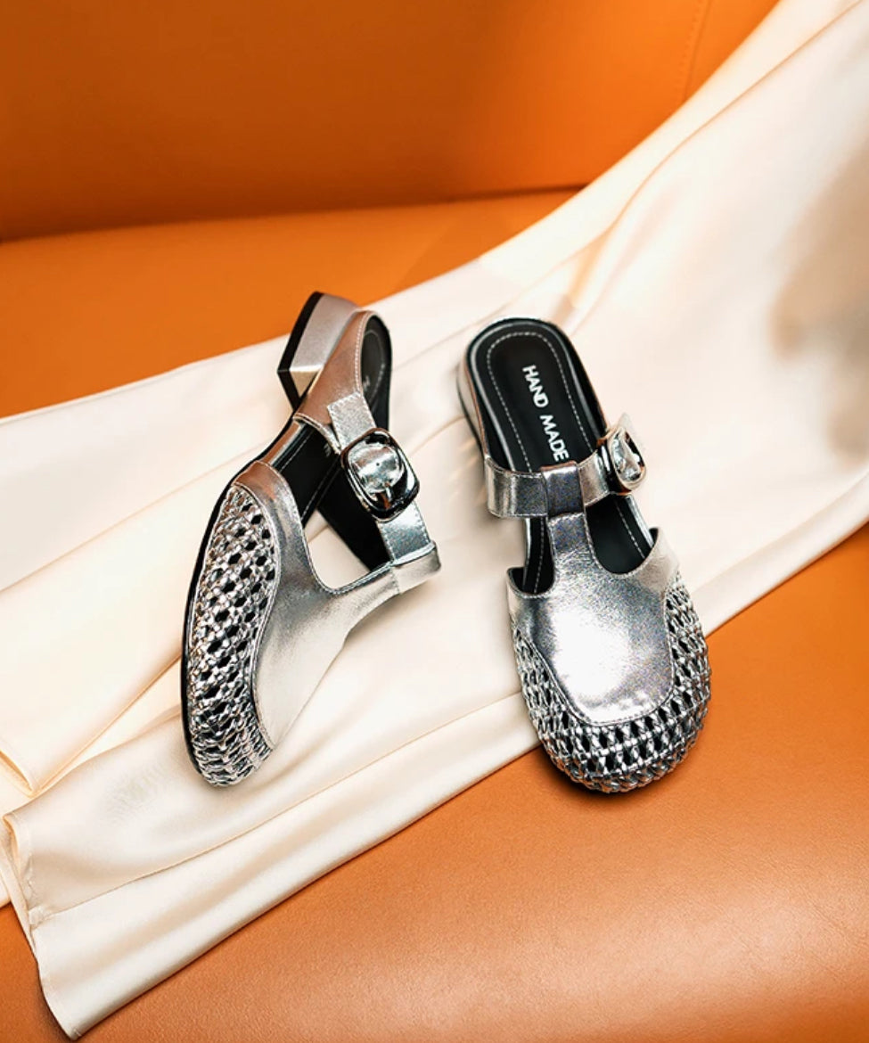 Silver Cowhide Leather Fashion Splicing Hollow Out Slide Sandals