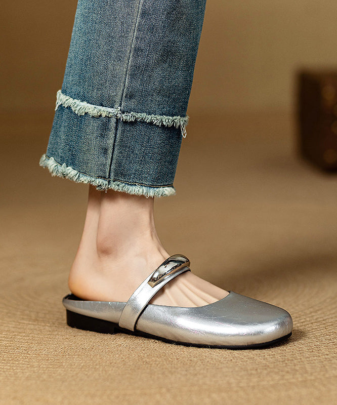 Silver Cowhide Leather Women Splicing Sequined Slide Sandals