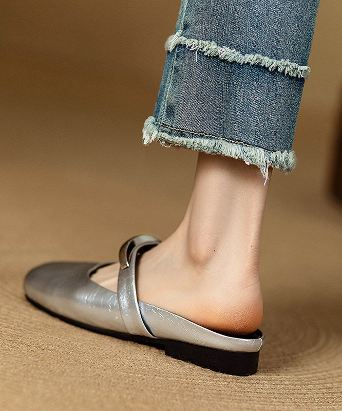 Silver Cowhide Leather Women Splicing Sequined Slide Sandals