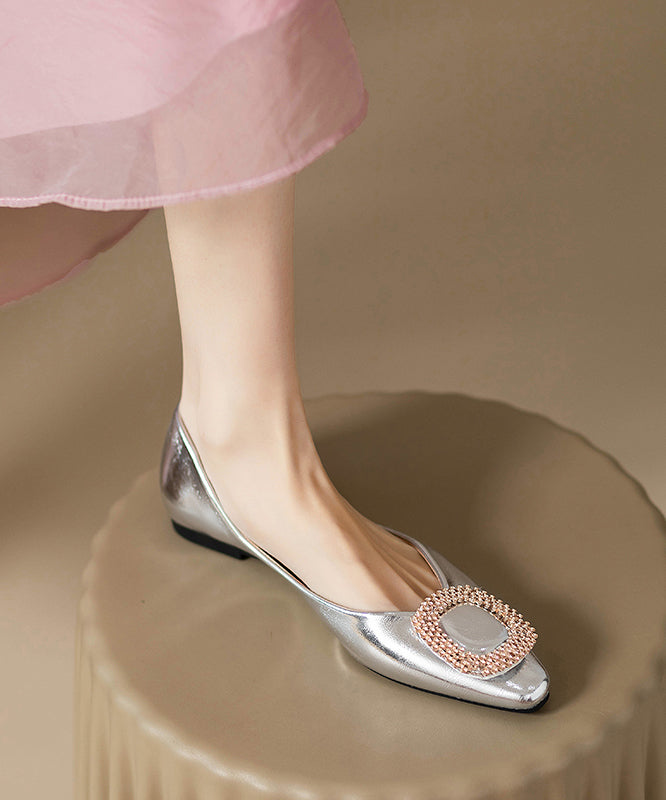 Silver Flat Shoes Faux Leather Fitted Splicing Zircon