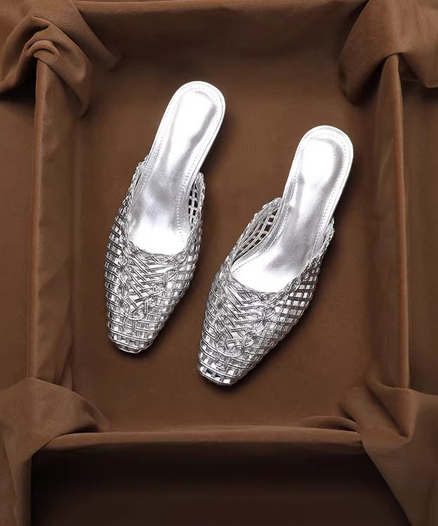 Silver Splicing Slide Sandals Hollow Out Breathable Faux Leather
