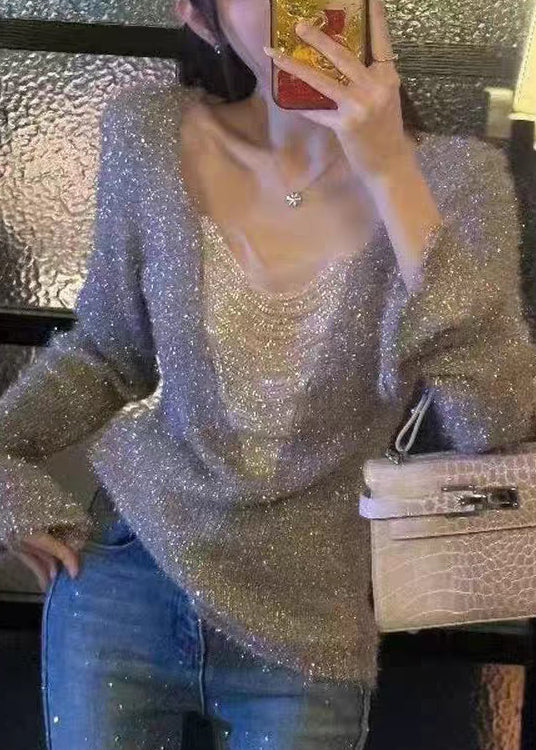 Silver Stringing Beads Patchwork Knit Sweaters V Neck Spring