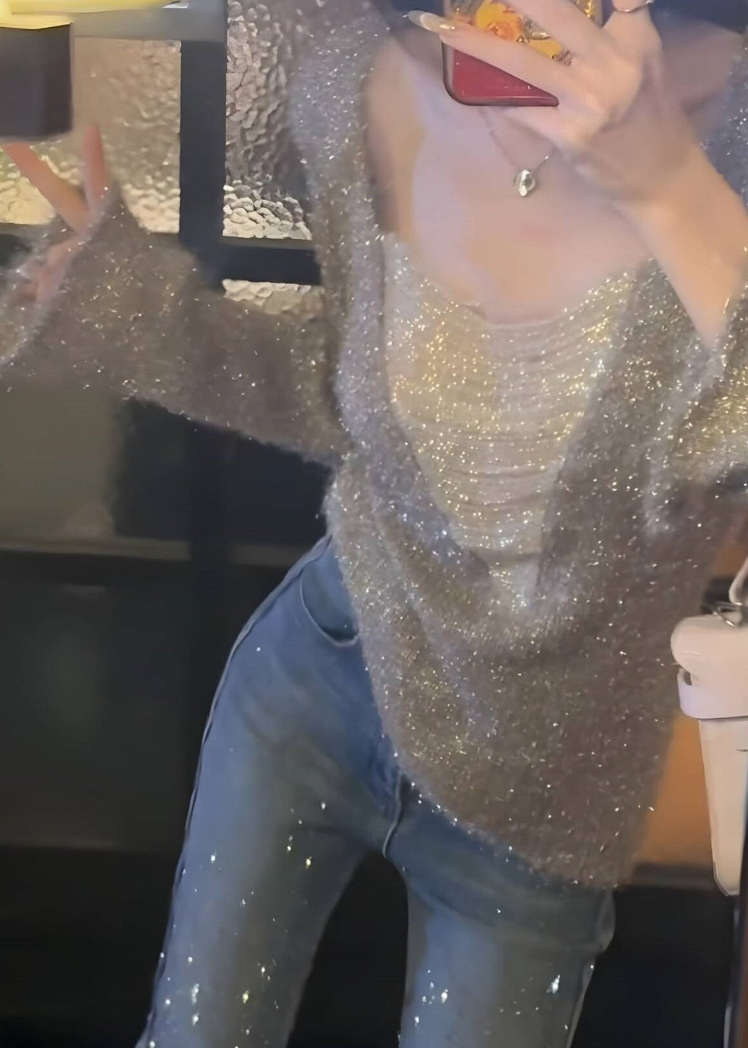 Silver Stringing Beads Patchwork Knit Sweaters V Neck Spring