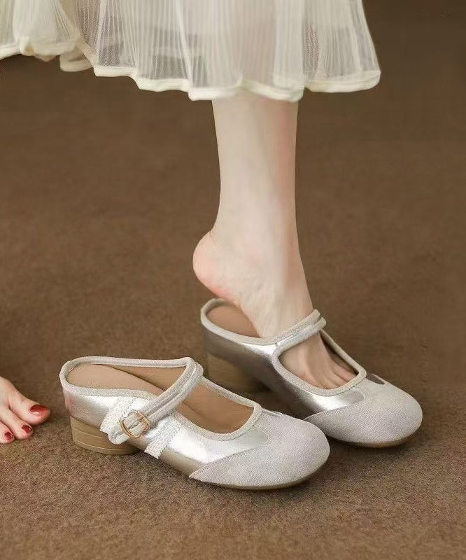 Silver Suede Splicing Buckle Strap Slide Sandals