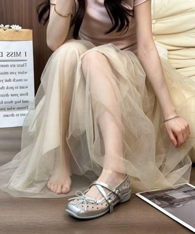 Silver Tulle Splicing Bow Buckle Strap Wedge Heels Shoes