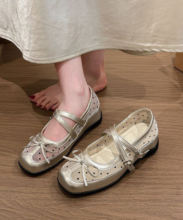 Silver Tulle Splicing Bow Buckle Strap Wedge Heels Shoes