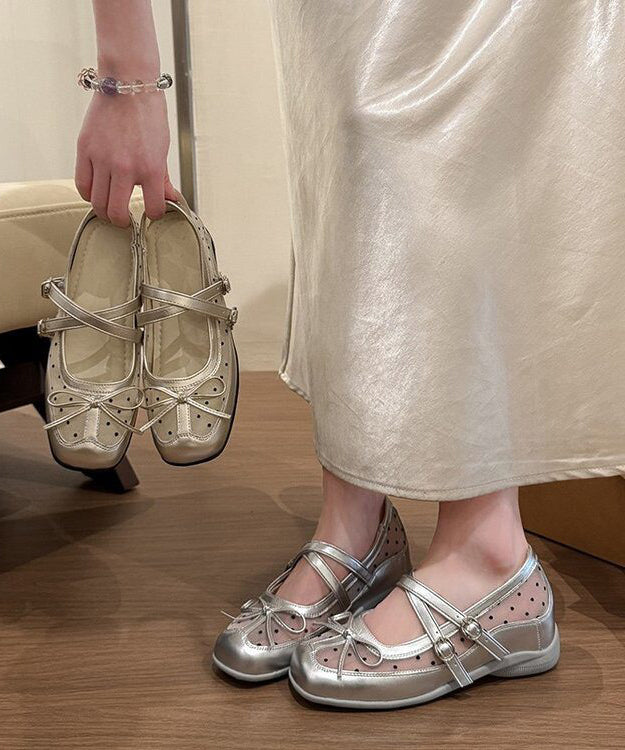 Silver Tulle Splicing Bow Buckle Strap Wedge Heels Shoes