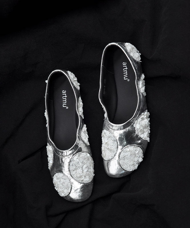 Silvery Cowhide Leather Flat Shoes For Women Sequins Flat Shoes