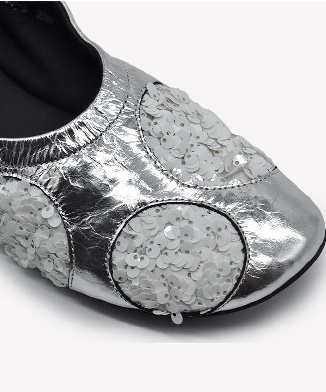 Silvery Cowhide Leather Flat Shoes For Women Sequins Flat Shoes