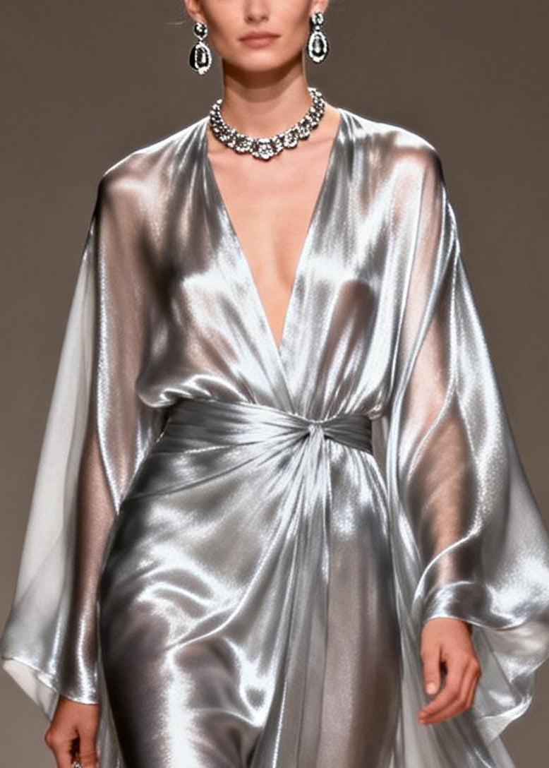 Silvery Draping Chiffon Dresses V Neck Exra Large Hem Summer