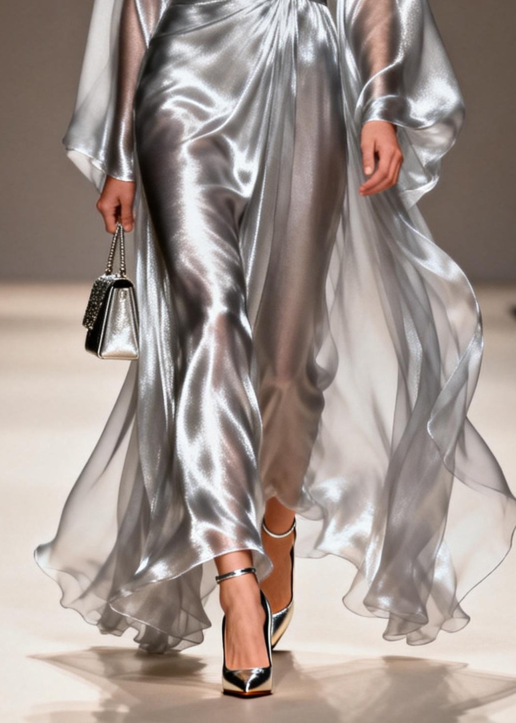 Silvery Draping Chiffon Dresses V Neck Exra Large Hem Summer