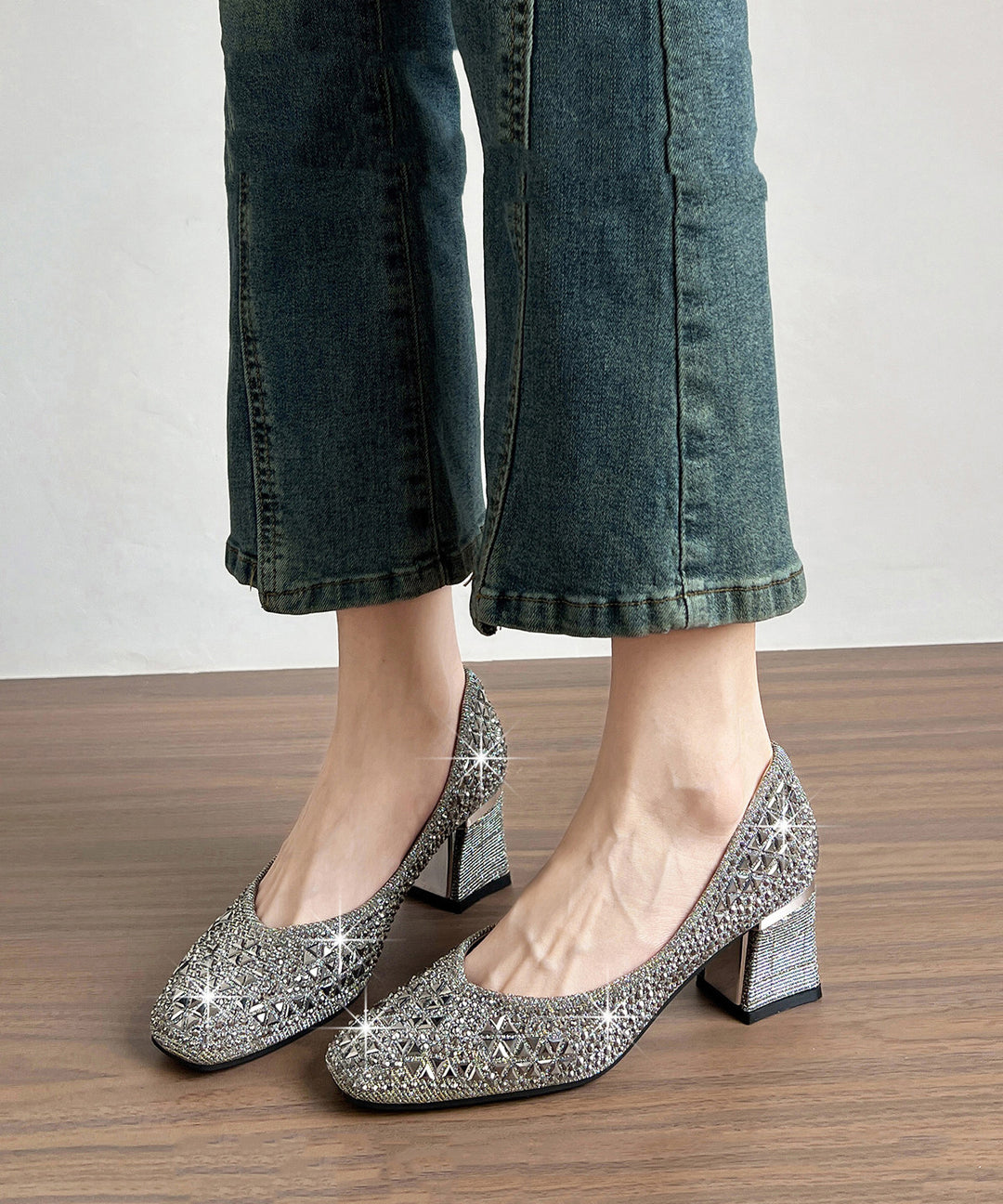 Silvery High Heels Chunky Sparkly Casual High Heels