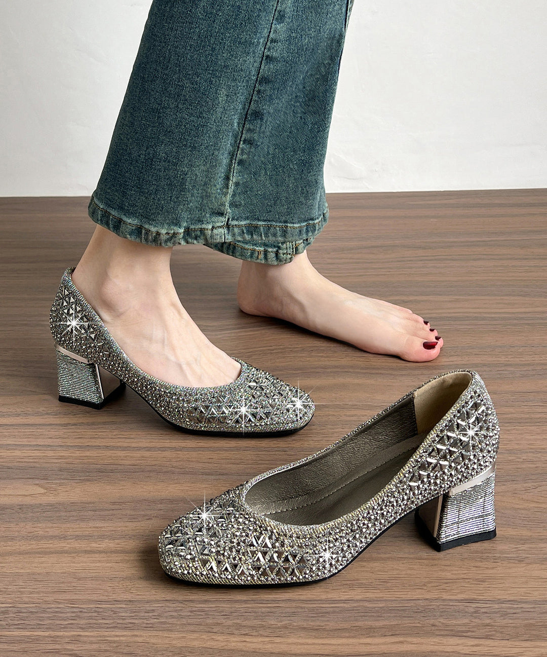 Silvery High Heels Chunky Sparkly Casual High Heels