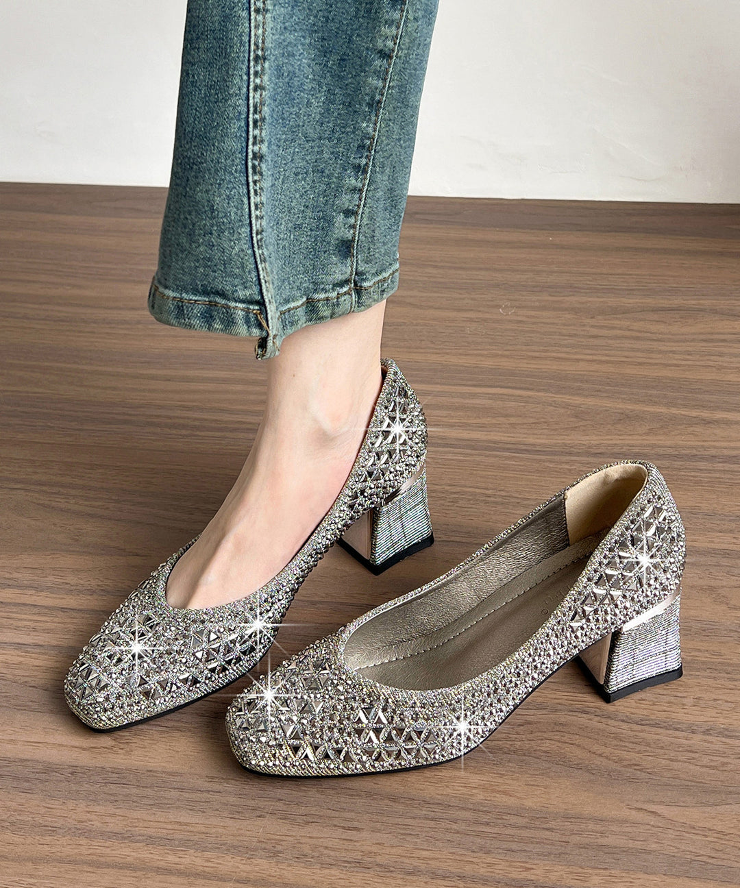 Silvery High Heels Chunky Sparkly Casual High Heels