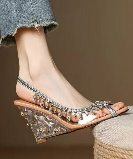 Silvery Rhinestone Sandals Wedge Faux Leather Stylish Sandals