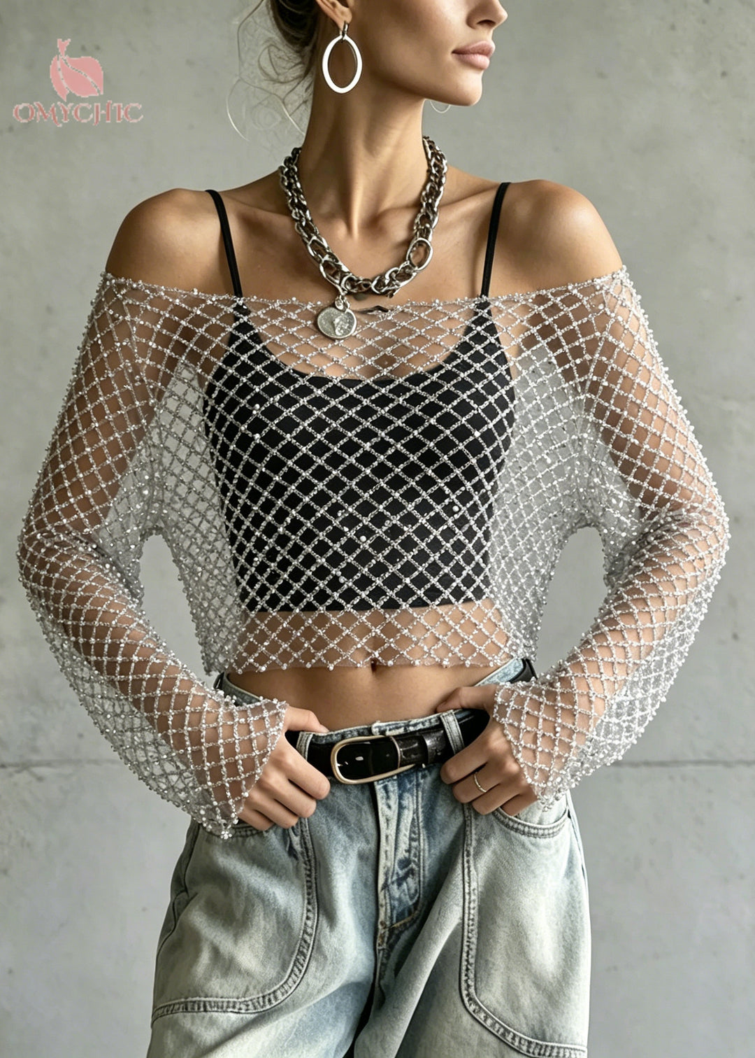 Silvery Sheer Tulle Short Tops Nail Bead Summer