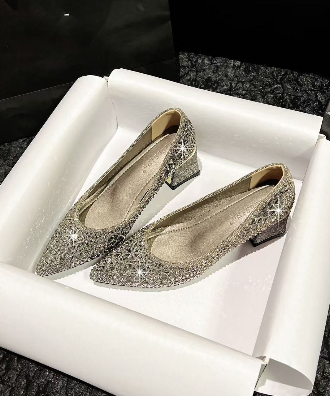 Silvery Sparkly High Heels Chunky Faux Leather Stylish High Heels
