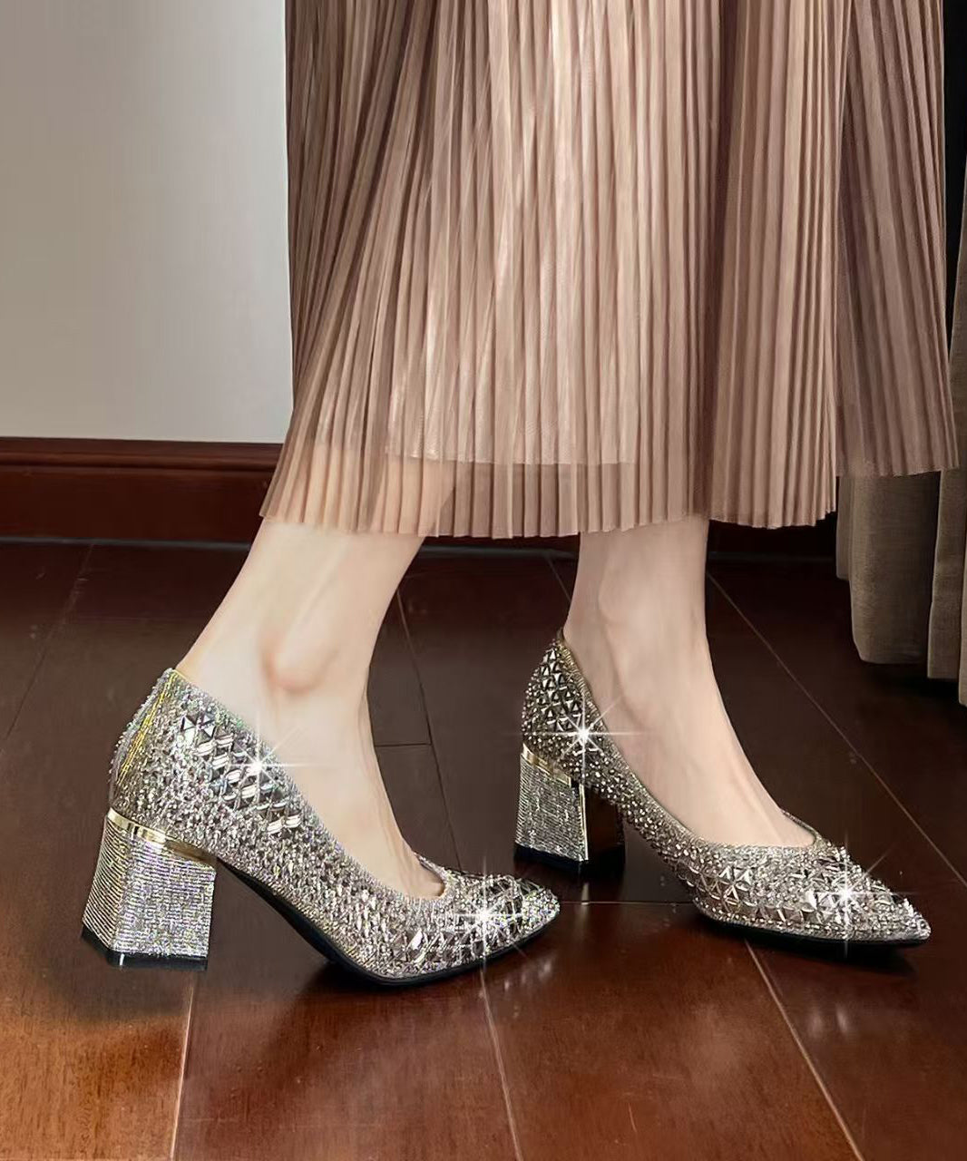 Silvery Sparkly High Heels Chunky Faux Leather Stylish High Heels