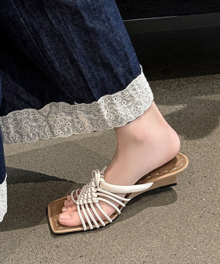 Silvery Wedge Cowhide Leather Women Thong Sandals