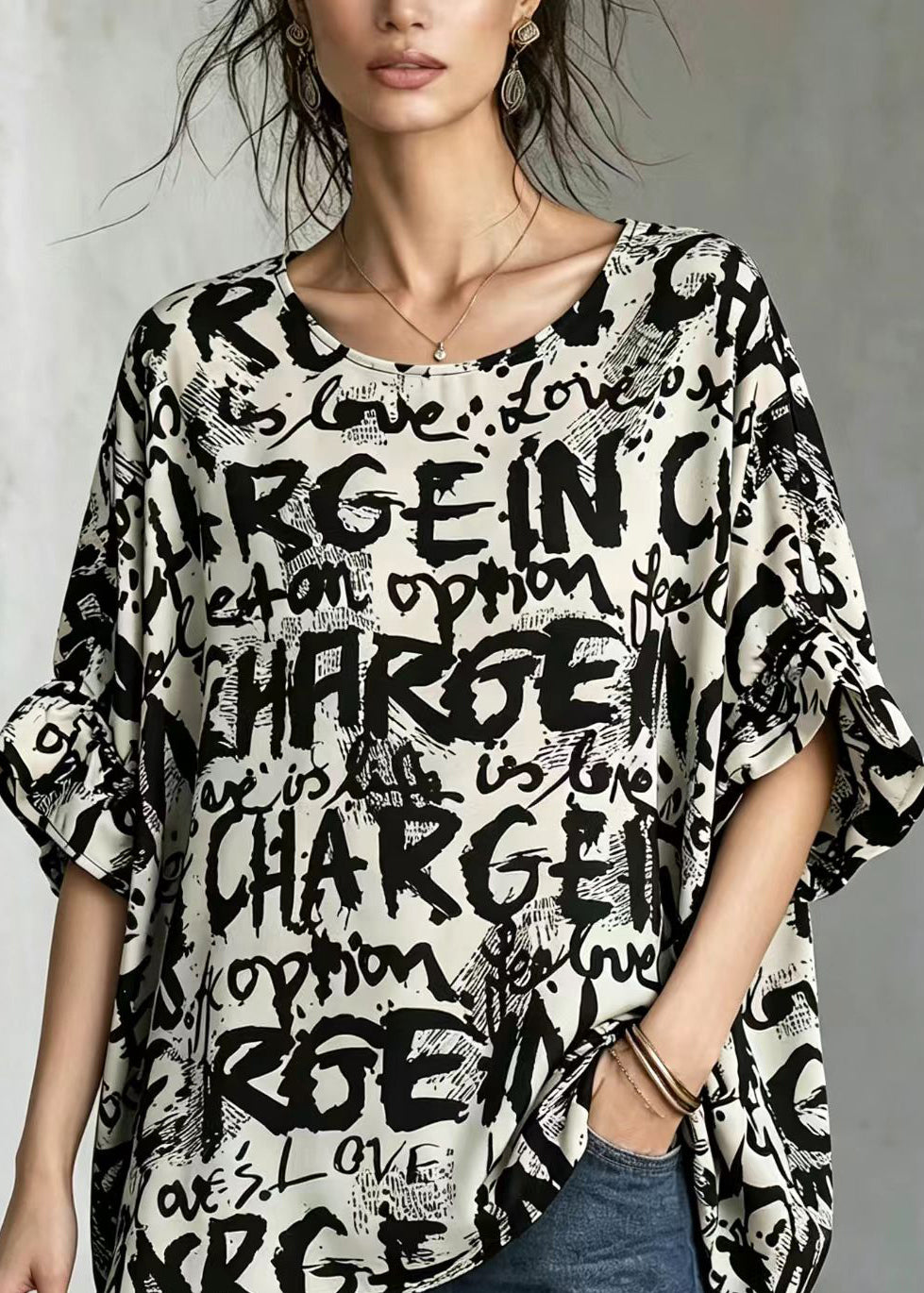Simple Alphabet Print O-Neck Mid-Length Blouse Tops Summer