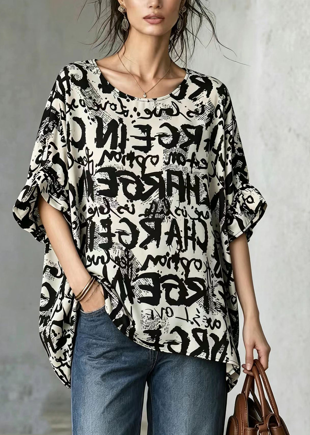 Simple Alphabet Print O-Neck Mid-Length Blouse Tops Summer