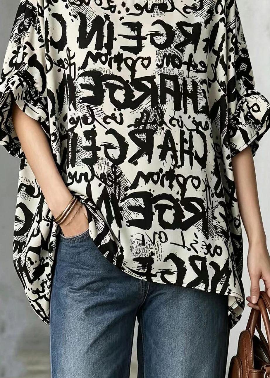 Simple Alphabet Print O-Neck Mid-Length Blouse Tops Summer