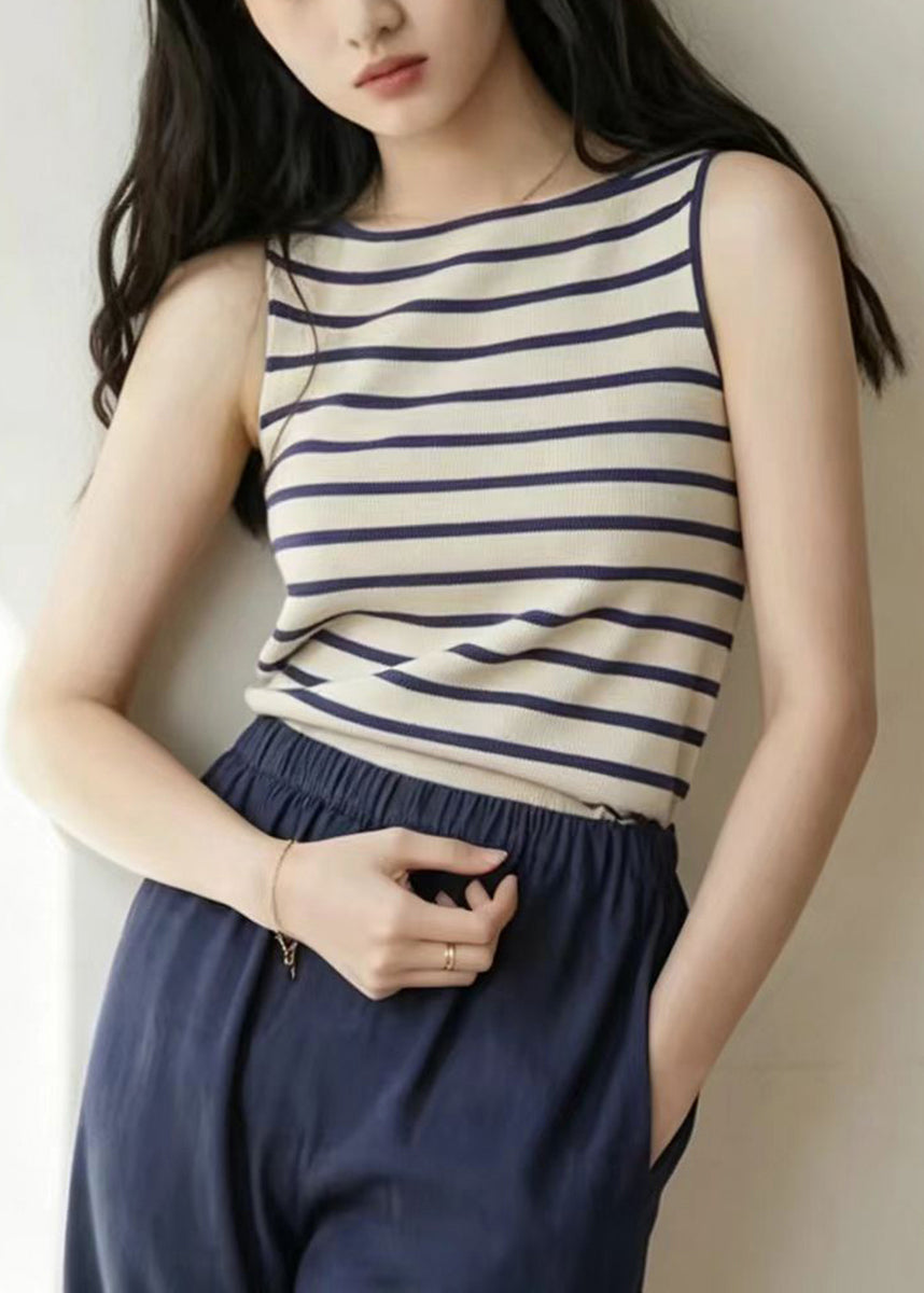 Simple Apricot Blue Striped Knit Tops Sleeveless