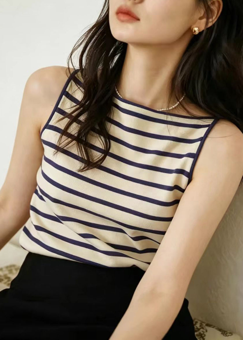 Simple Apricot Blue Striped Knit Tops Sleeveless