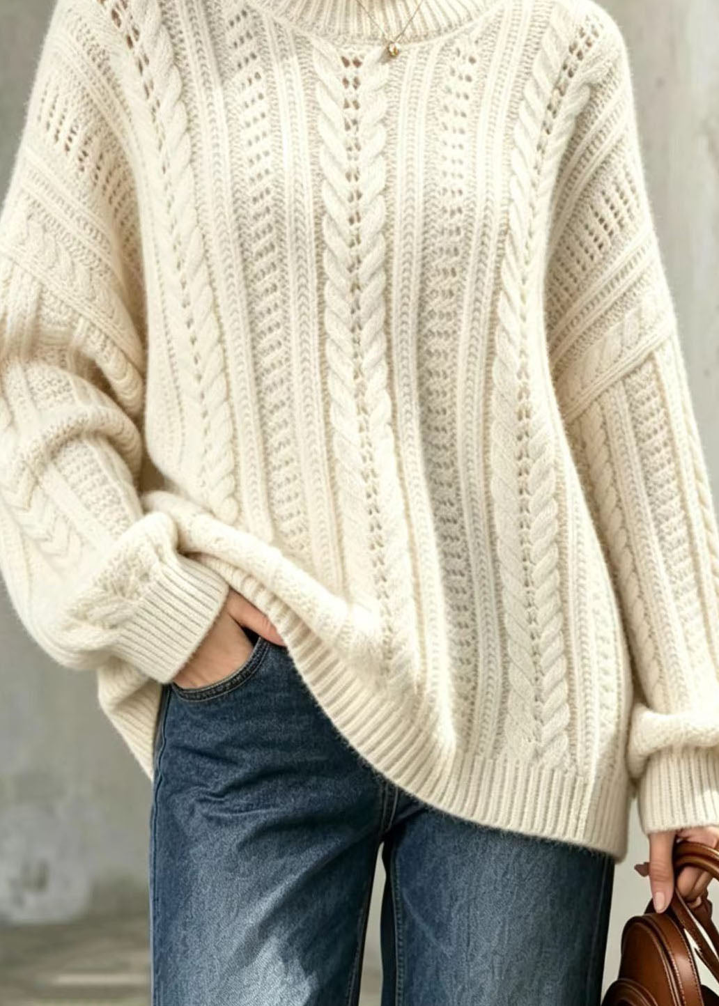 Simple Apricot Hign Neck Oversized Cable Knit Sweater Fall