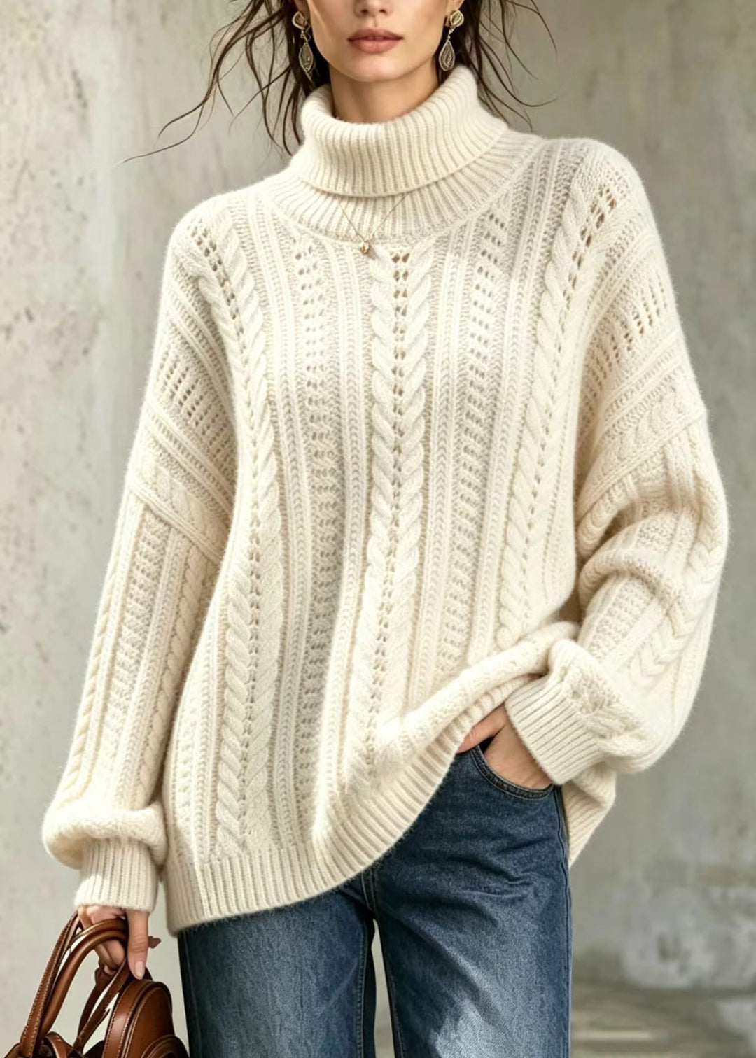 Simple Apricot Hign Neck Oversized Cable Knit Sweater Fall