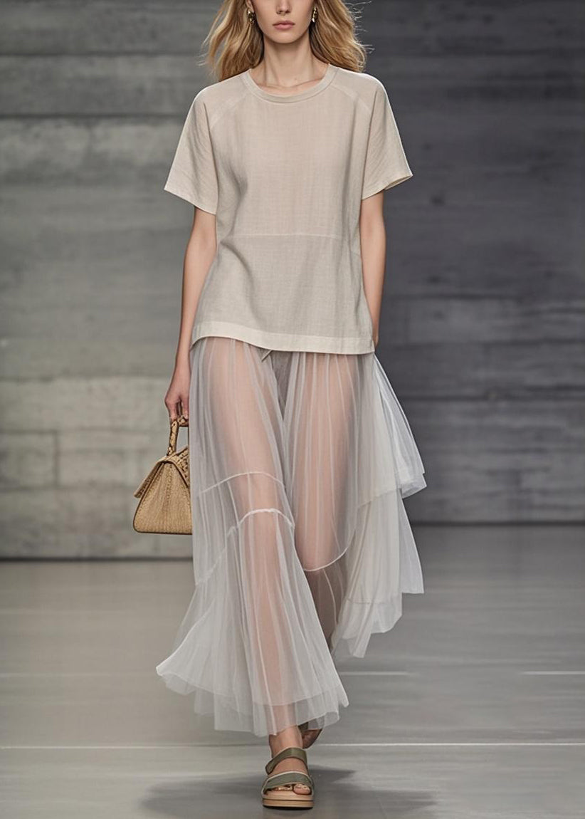 Simple Apricot O Neck Tulle Patchwork Long Dress Summer