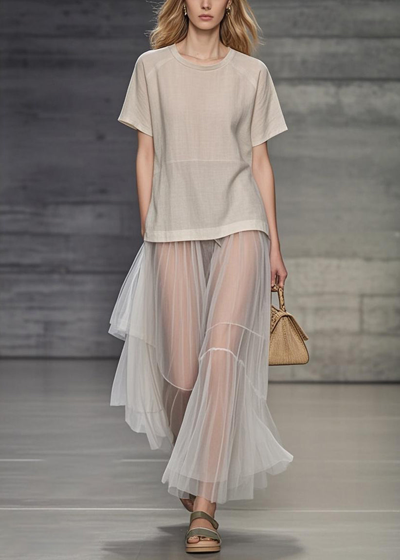 Simple Apricot O Neck Tulle Patchwork Long Dress Summer