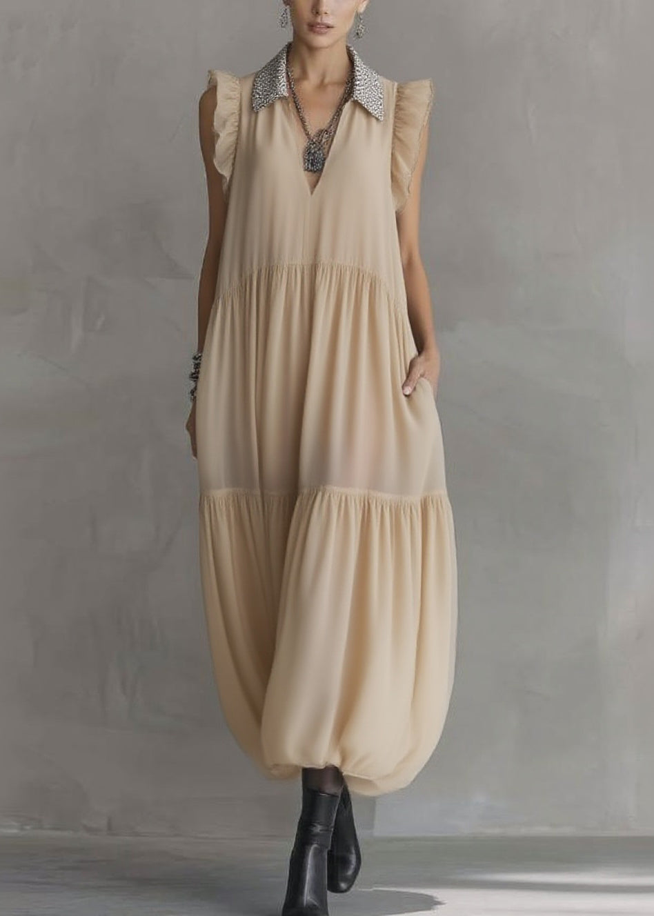 Simple Apricot Peter Pan Collar Wrinkled Solid Chiffon Maxi Dresses Summer - Omychic
