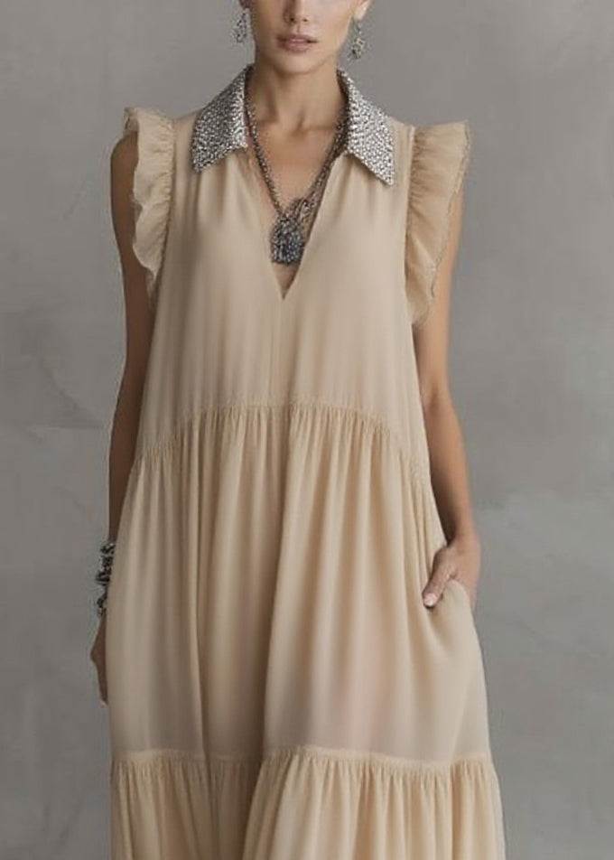Simple Apricot Peter Pan Collar Wrinkled Solid Chiffon Maxi Dresses Summer - Omychic