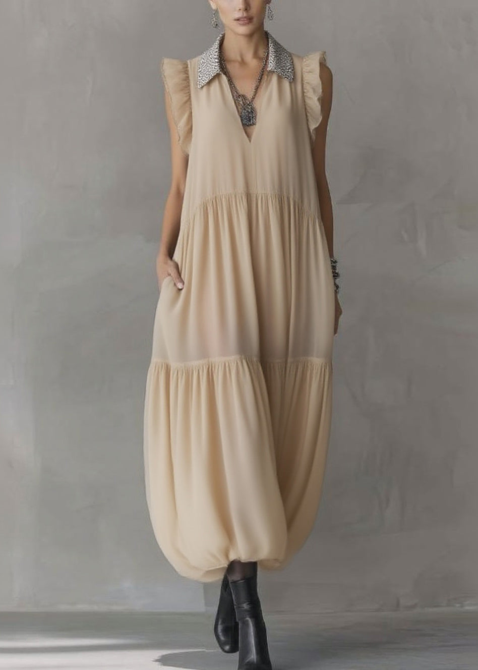 Simple Apricot Peter Pan Collar Wrinkled Solid Chiffon Maxi Dresses Summer - Omychic