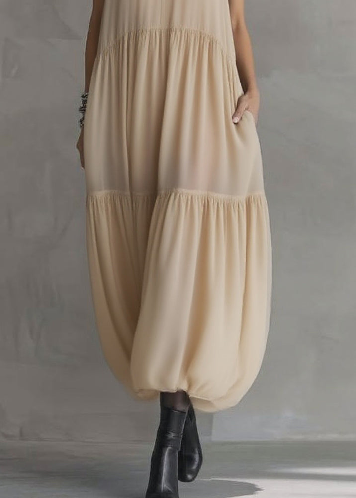 Simple Apricot Peter Pan Collar Wrinkled Solid Chiffon Maxi Dresses Summer - Omychic