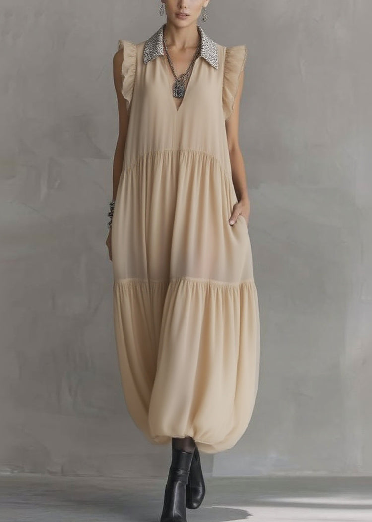 Simple Apricot Peter Pan Collar Wrinkled Solid Chiffon Maxi Dresses Summer - Omychic