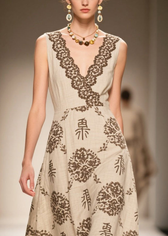 Simple Apricot V Neck Print Linen Holiday Dress Sleeveless