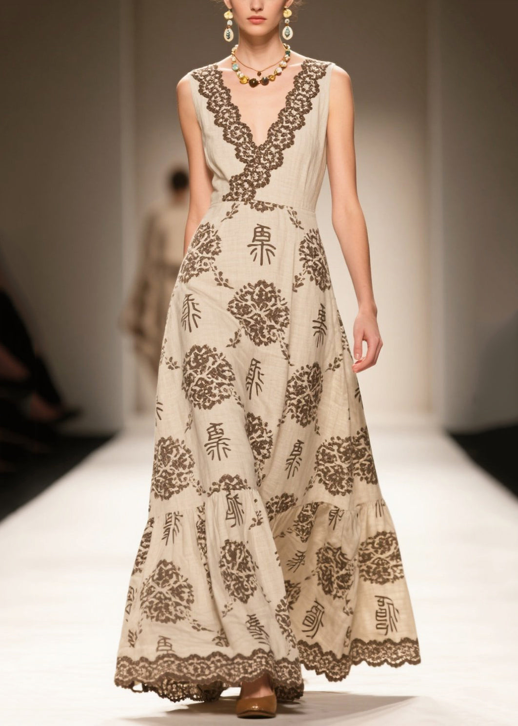 Simple Apricot V Neck Print Linen Holiday Dress Sleeveless
